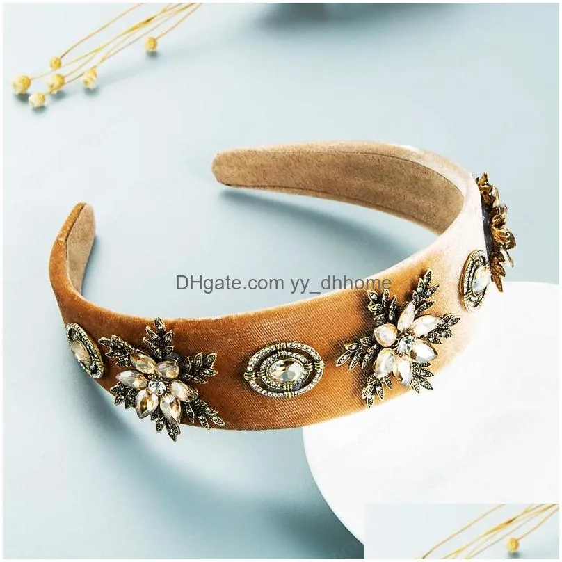 metal flower headband for woman luxury multi color crystal beaded velvet hairband girls party jewelry crowns