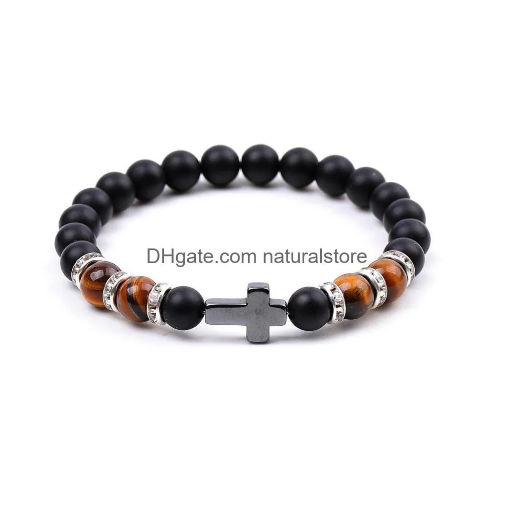 Bangle 8Mm Black Matted Beads Strand Rose Quartz Tigers Eye Cross Charms Bracelet Men Women Yoga Healing Nce Bangle Drop Delivery Jewe Dhuo8