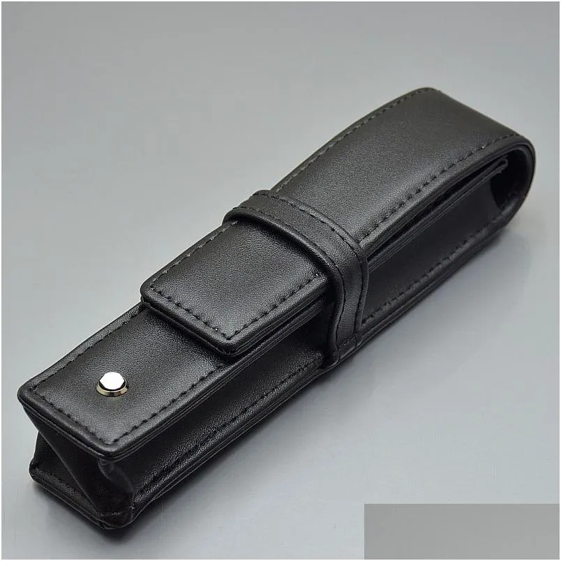 high quality black leather pen bag office stationery fashion pencil case for single pen