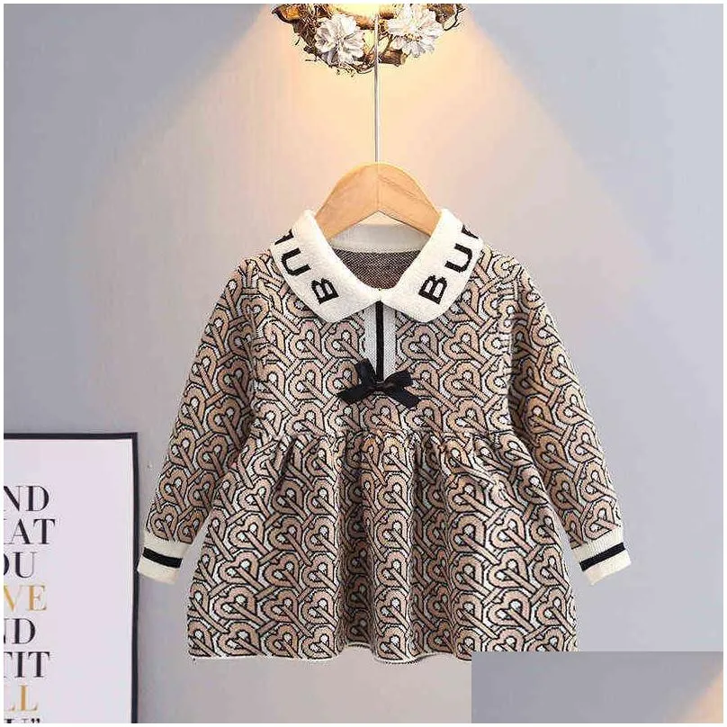 Pullover Autumn Winter Girl Sweater Dress Princess Kids Baby Children Cloth Plover Sweet Knitted Dressrs Bow Jumper 1-5Y 211227 Drop D Dh0Bv
