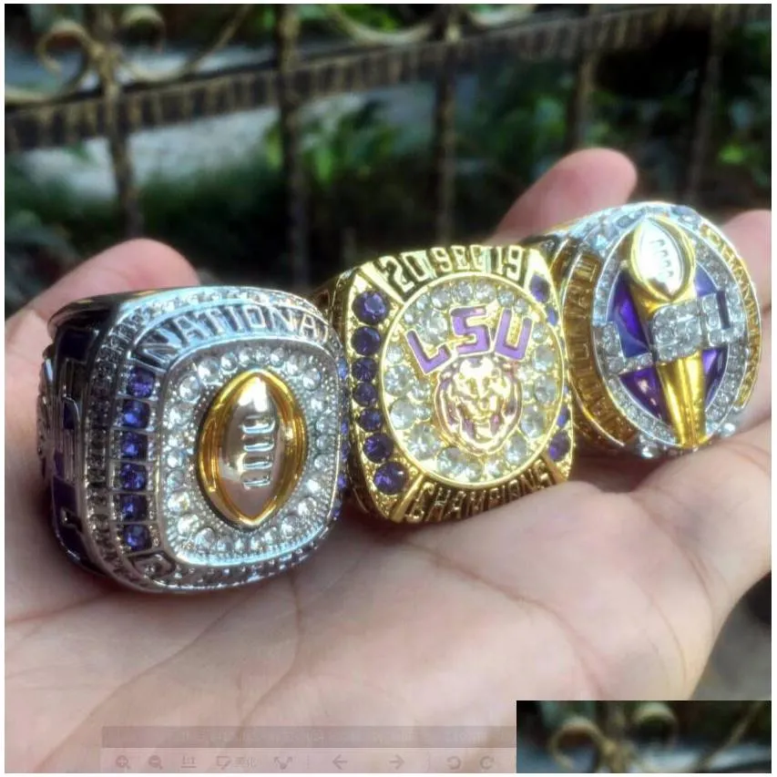 Cluster Rings 3Pcs Lsu Tiger S Orgeron Nationals Team Champions Championship Ring With Wooden Box Sport Souvenir Men Fan Gift Wholesal Dh92E