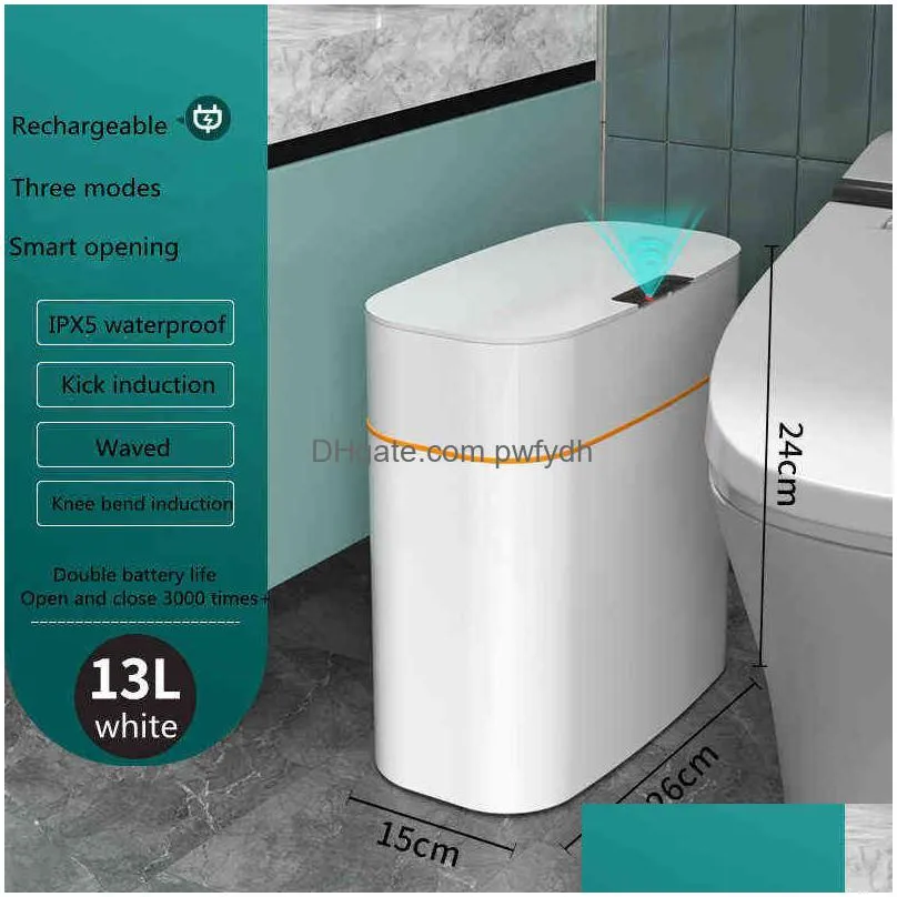 smart sensor automatic electronic garbage can dwaterproof bathroom toilet water narrow seam trash basurero 211229