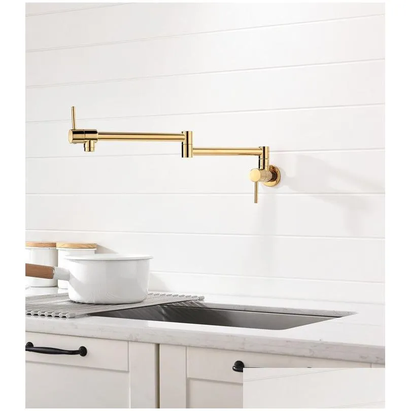 Free ship Wall Mounted Classic Traditional Solid Brass Pot Filler kitchen faucet tap , Double Joint Spout, gold pvd single cold water