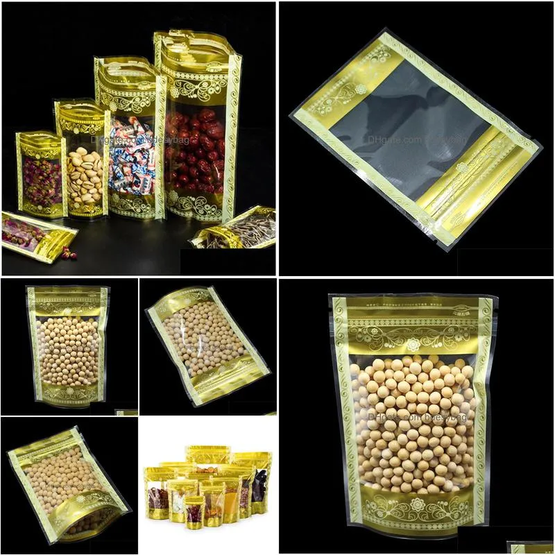 stand up gold print with clear window plastic packaging bags self seal zipper seal food storage packing pouches party bag lx4667