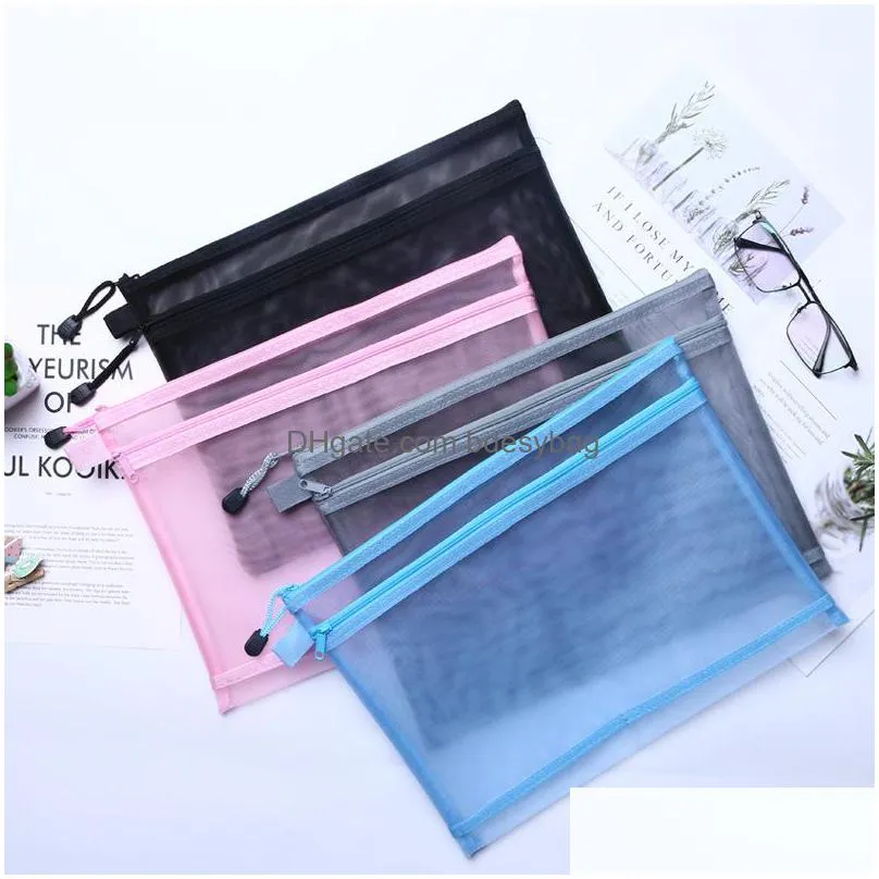 two layers a4 file bag pencil bags simple transparent mesh yarn zipper stationery bag student largecapacity pencil pouch lx3632