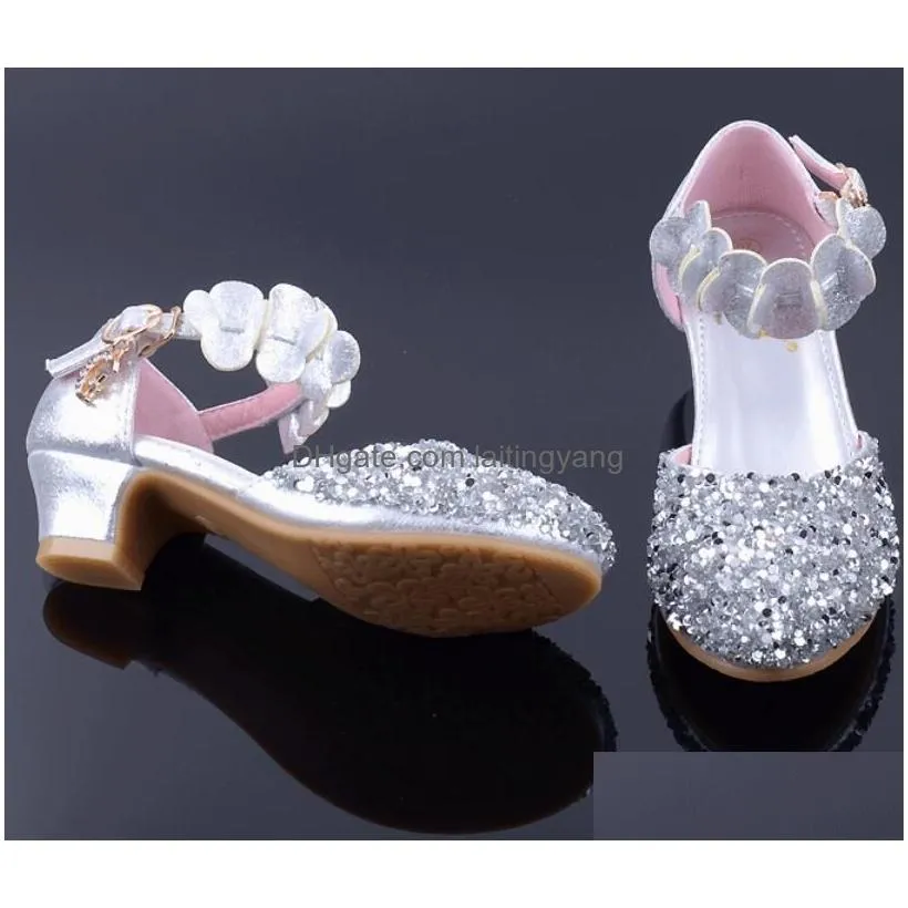 children shoes for girls high heel princess sandals fashion kids shoes glitter leather butterfly girls party dress wedding dance ga588