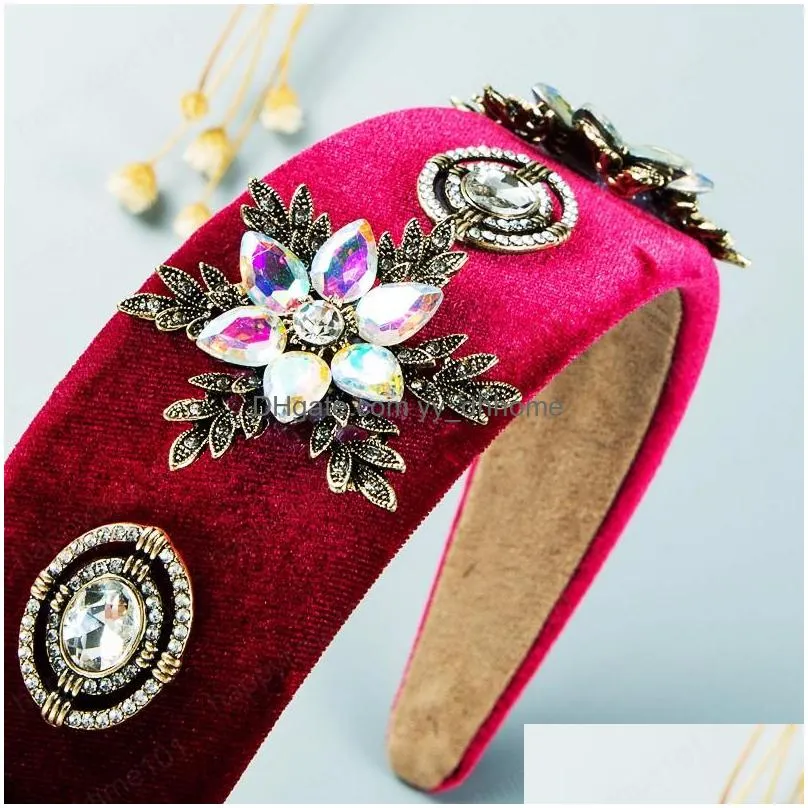 metal flower headband for woman luxury multi color crystal beaded velvet hairband girls party jewelry crowns