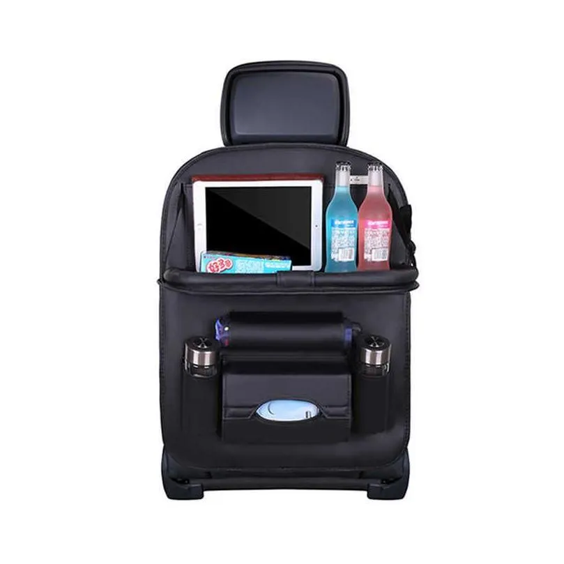 New Car Seat Back Organizer Pu Leather Pad Bag Car Storage Organizer Foldable Table Tray Travel Storage Bag Auto Accessories