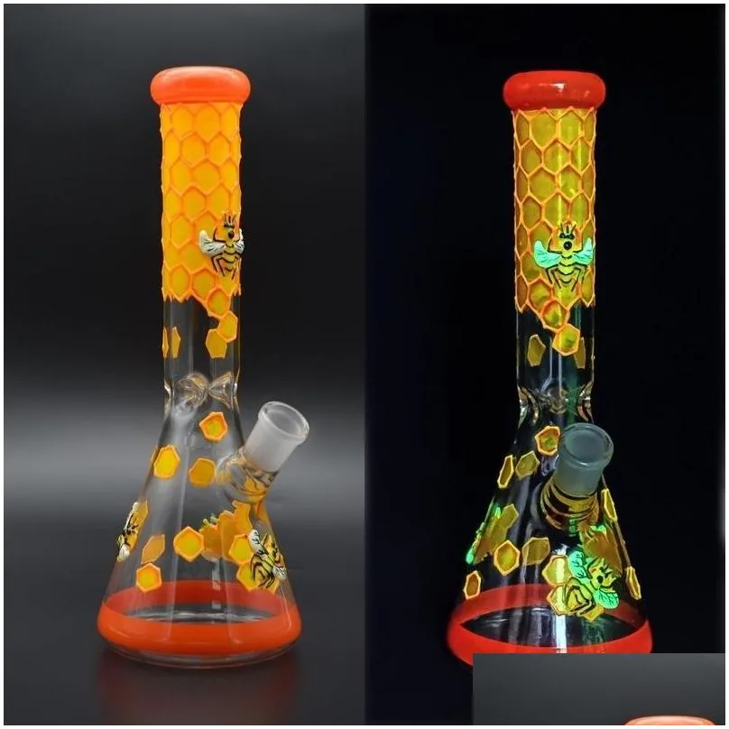 glow in the dark beaker bong 11 inch 5mm design glass water pipe cool hand painting dab rig oil rig