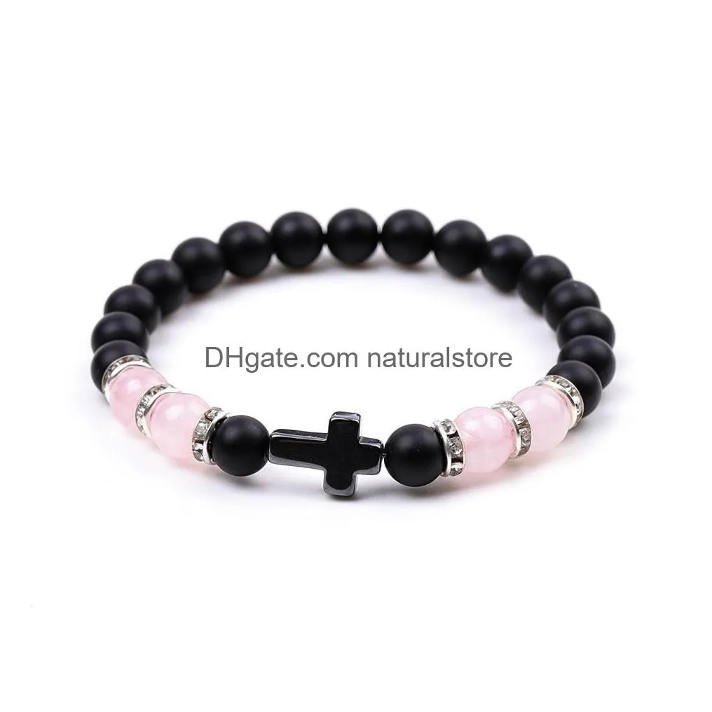 Bangle 8Mm Black Matted Beads Strand Rose Quartz Tigers Eye Cross Charms Bracelet Men Women Yoga Healing Nce Bangle Drop Delivery Jewe Dhuo8