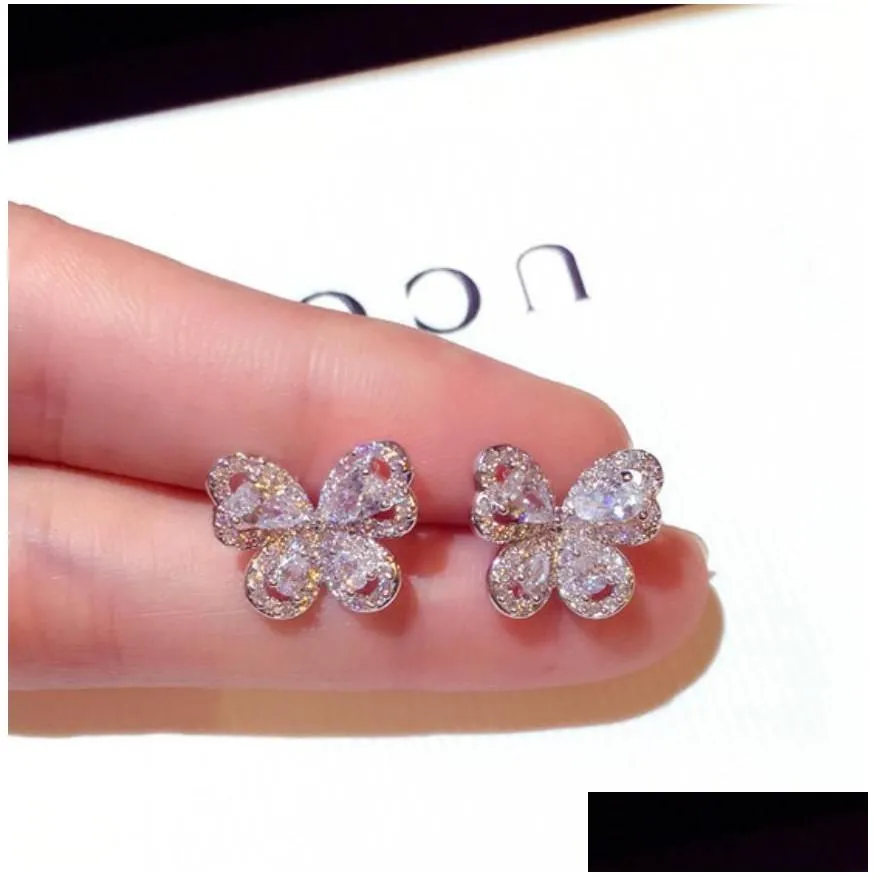 sparkly crystal stud earrings butterfly shape sterling silver cute unique stud for women wedding bridal ear jewelry