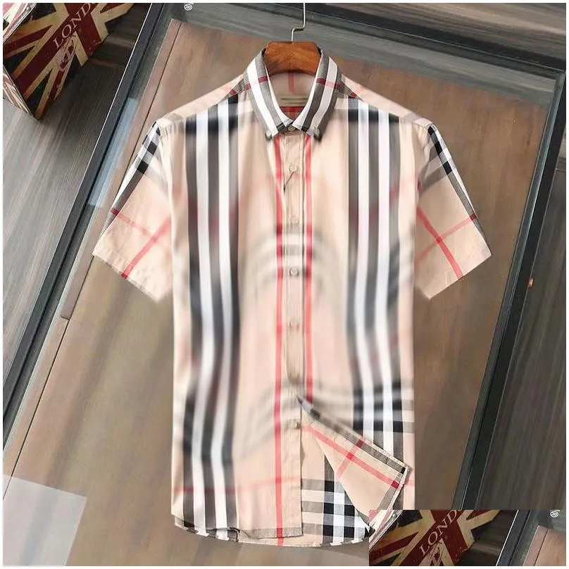 high quality designer mens casual shirt burbereys mens camisas de hombre fashion geometric check print short sleeved lapel business versatile