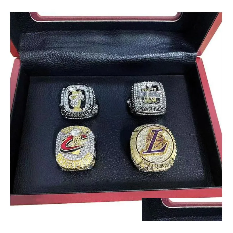 Solitaire Ring 4Pcs James Basketball Team Champions Championship Ring Set With Wooden Box Souvenir Men Women Boy Fan Brithday Gift 202 Dh2P8