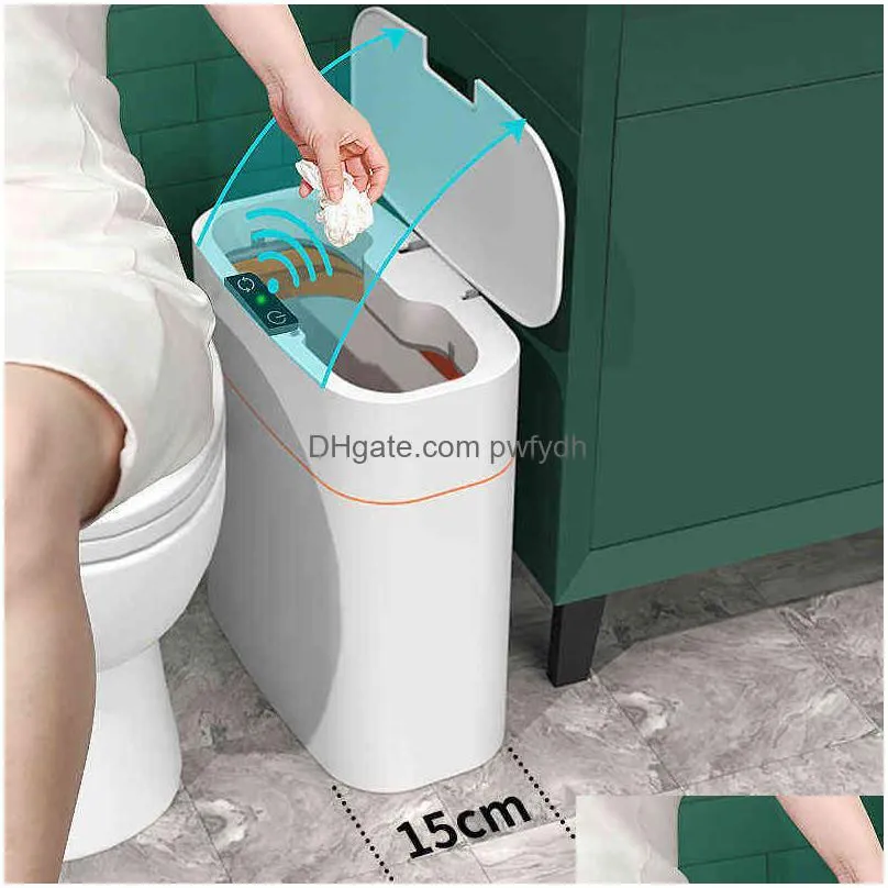 smart sensor automatic electronic garbage can dwaterproof bathroom toilet water narrow seam trash basurero 211229