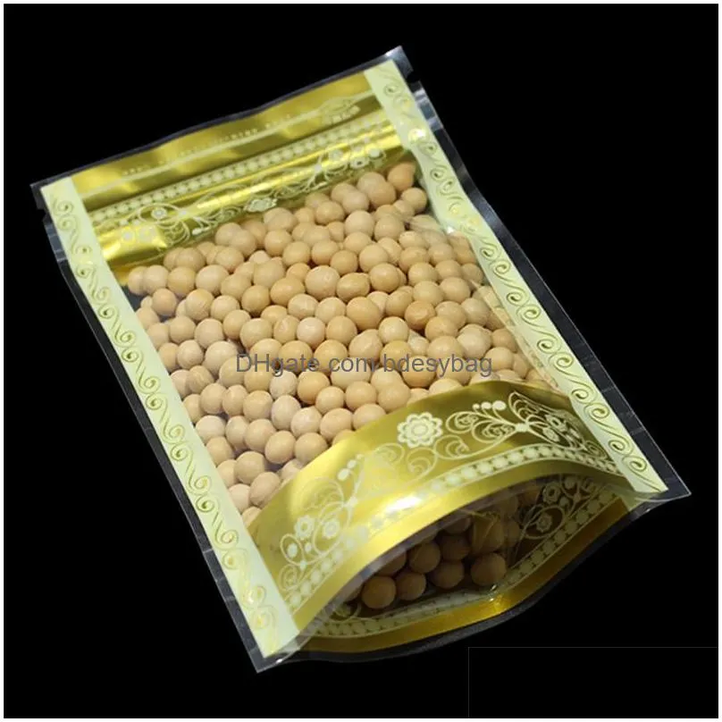 stand up gold print with clear window plastic packaging bags self seal zipper seal food storage packing pouches party bag lx4667