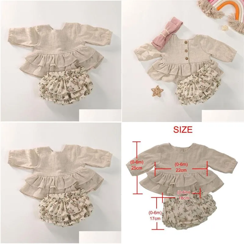 Clothing Sets Baby Clothes Luxury Designer For Girls Spring Soft Linen Cotton Toddler Boutique Clothing Set Long Sleeve Tops Floral Bl Dh5Fk