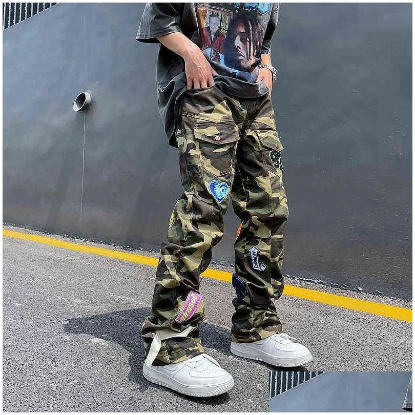 high street camouflage jeans mens embroidered mens streetwear fashion brand american hip hop straight casual cargo pants h1223