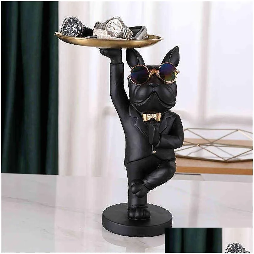 kungfu bulldog butler with tray for keys jewelry stock storage nordic home decor dog statues resin sculpture desk decoration 220112