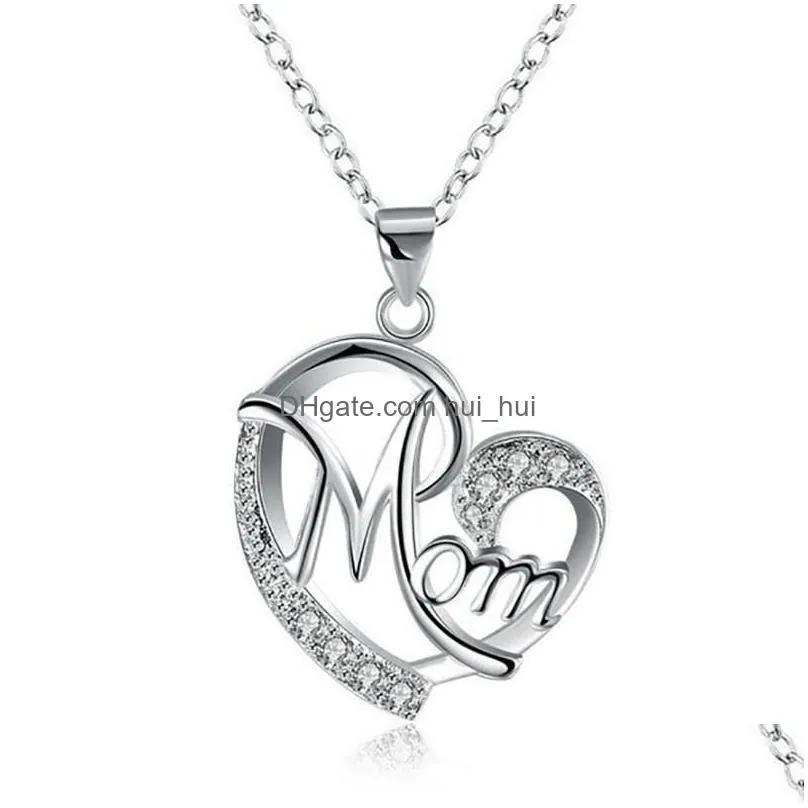 pendant necklaces fashion heart shaped crystal mom letter necklace 3 colour chain for women jewelry mothers day gift