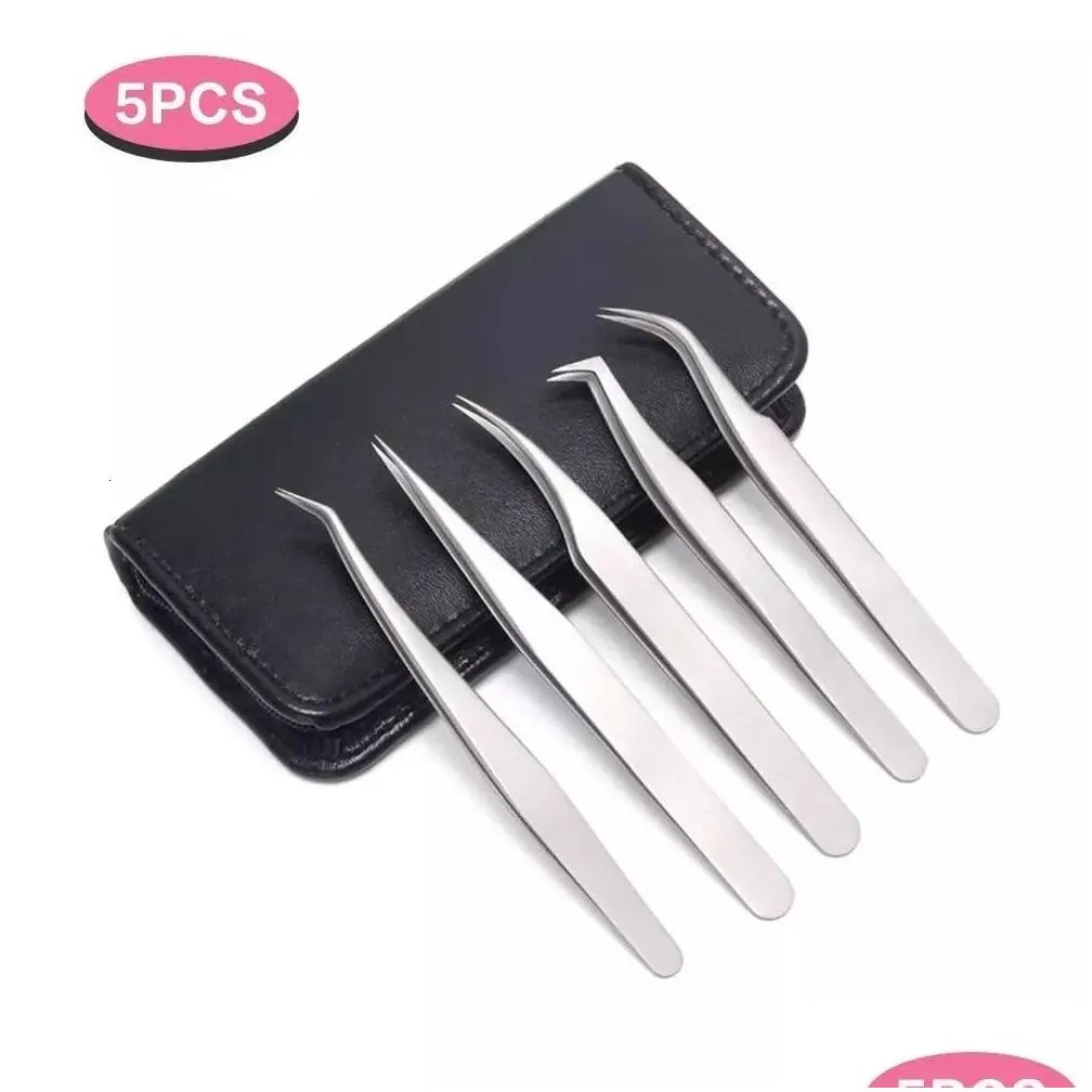 Makeup Tools 5PC Eyelash Extension Tweezers Lash Applicator Stainless Curved Straight For Tongs False Clip Nail Art 230508