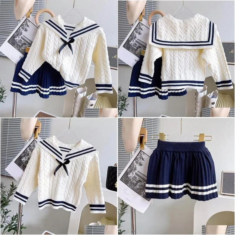Clothing Sets Clothing Sets Autumn Girls Princess Preppy Clothes Set Baby Kids Children Long Sleeve Sweater Tops Knitwear Pleated Skir Dh0F6