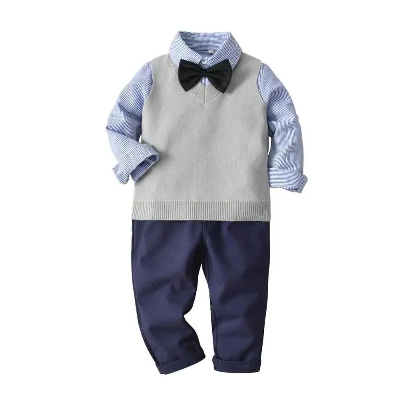 Boys Wedding Suits Kids Clothes Toddler Formal Kids Suit Children`S Wear Grey Vest Shirt Trousers Outfit Baby Clothes1