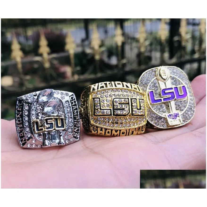 Cluster Rings Lsu 3Pcs 2003 2007 Tigers Nationals Team Champions Championship Ring With Wooden Box Souvenir Men Fan Gift Wholesal Drop Dhg2Z