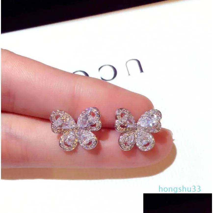 sparkly crystal stud earrings butterfly shape sterling silver cute unique stud for women wedding bridal ear jewelry