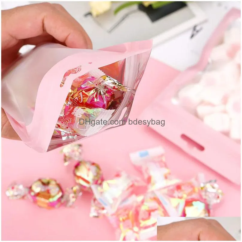 pink resealable mylar bag smell proof holographic packaging pouch flat cute bags with clear window for food storage lip gloss jewelry eyelash packaging