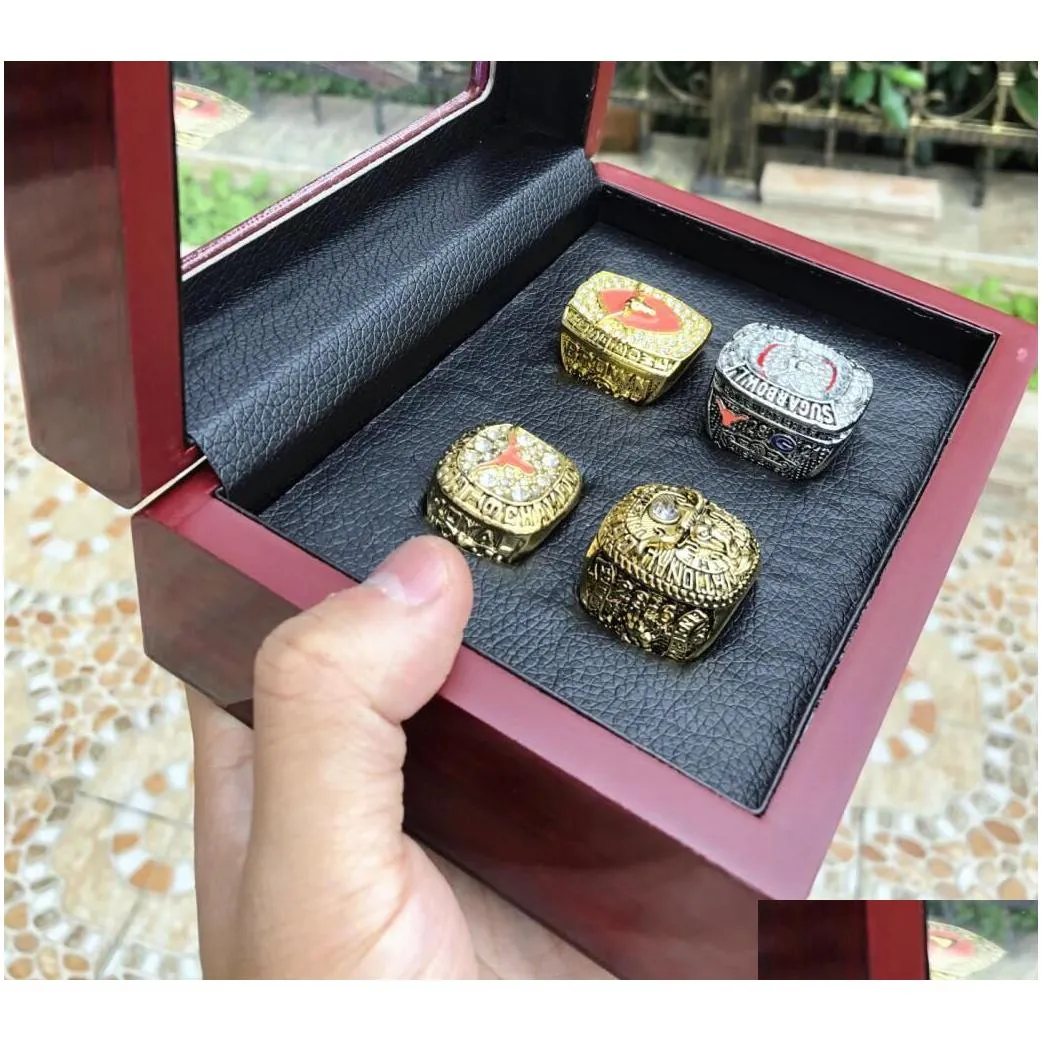 With Side Stones 4Pcs Texas Longhorn Rose Bowl Sec Team Champions Championship Ring With Wooden Box Men Fan Gift Wholesale Drop Drop D Dhrvm