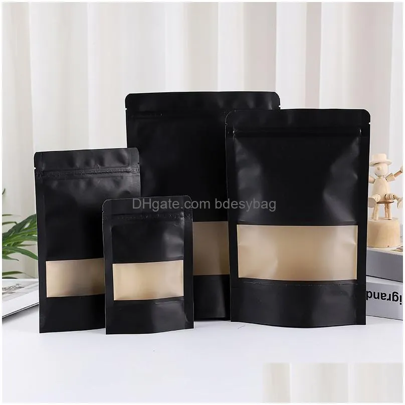 stand up black paper frosted window self seal bag resealable snack biscuit coffee gifts heat sealing packaging pouches lx5031