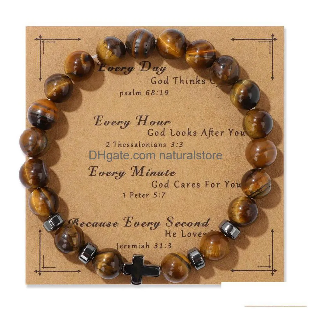 Beaded Natural Stone Tiger Eye Beads Hematite Cross Bracelet Mes Card Kraft Paper Jewelry Nce Reiki Buddha Prayer Yoga For Drop Delive Dhicn