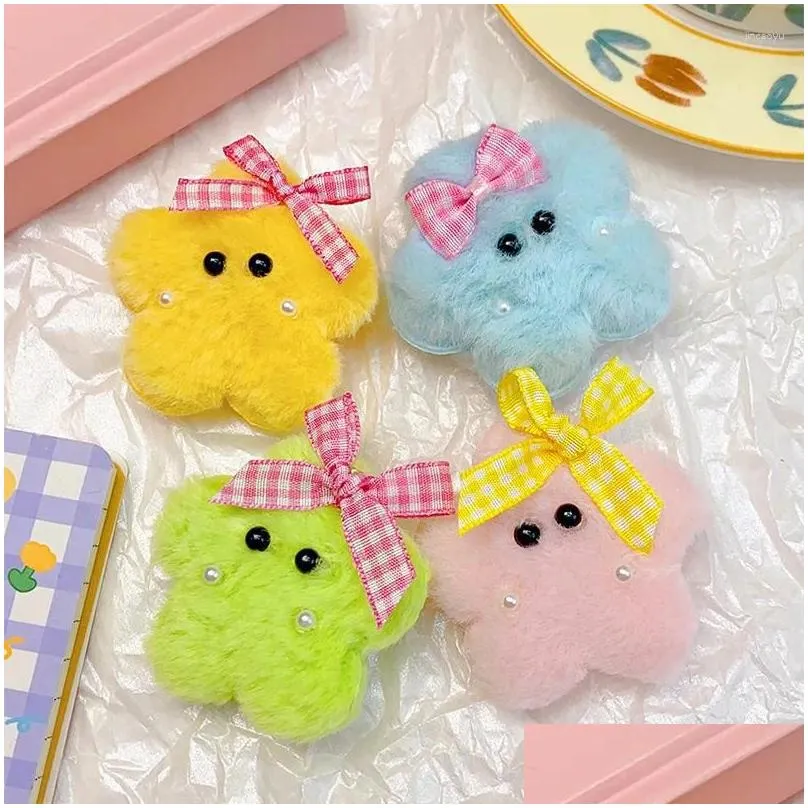 Hair Accessories Autumn Winter Color Plush Plaid Bow Cartoon Star Pentagrams Clips For Girl Cute Sweet Pearl Hairpin Fashion