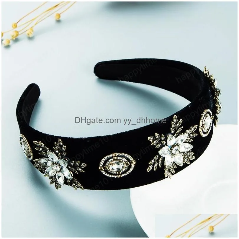 metal flower headband for woman luxury multi color crystal beaded velvet hairband girls party jewelry crowns