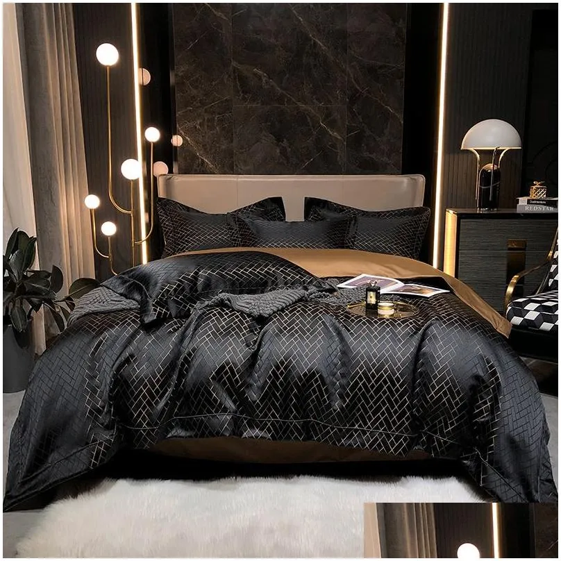 bedding sets luxury black gold yarndyed jacquard egyptian cotton bedding set satin smooth duvet cover flatfitted sheet pillowcases 4pcs