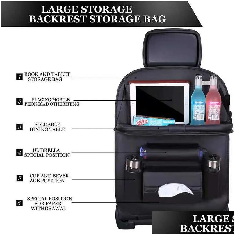 New Car Seat Back Organizer Pu Leather Pad Bag Car Storage Organizer Foldable Table Tray Travel Storage Bag Auto Accessories