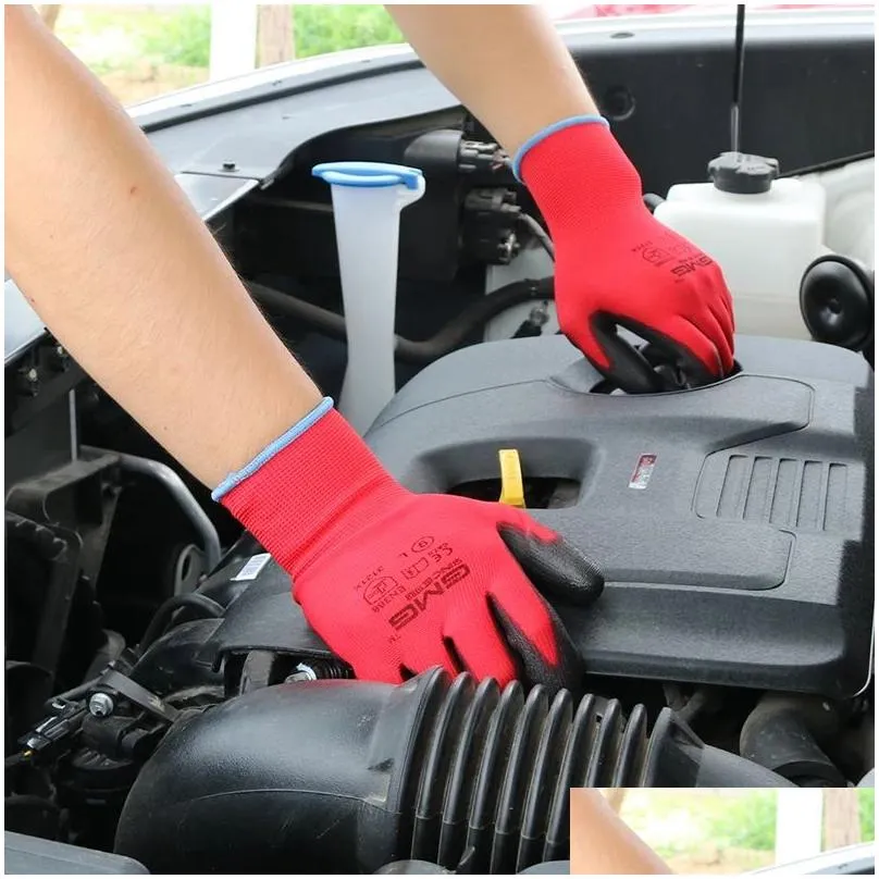 wholesale 12 Pairs GMG CE Certificated EN388 Red Black PU Work Safety Gloves Mechanic Working Gloves