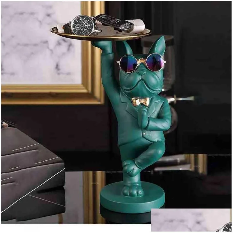 kungfu bulldog butler with tray for keys jewelry stock storage nordic home decor dog statues resin sculpture desk decoration 220112