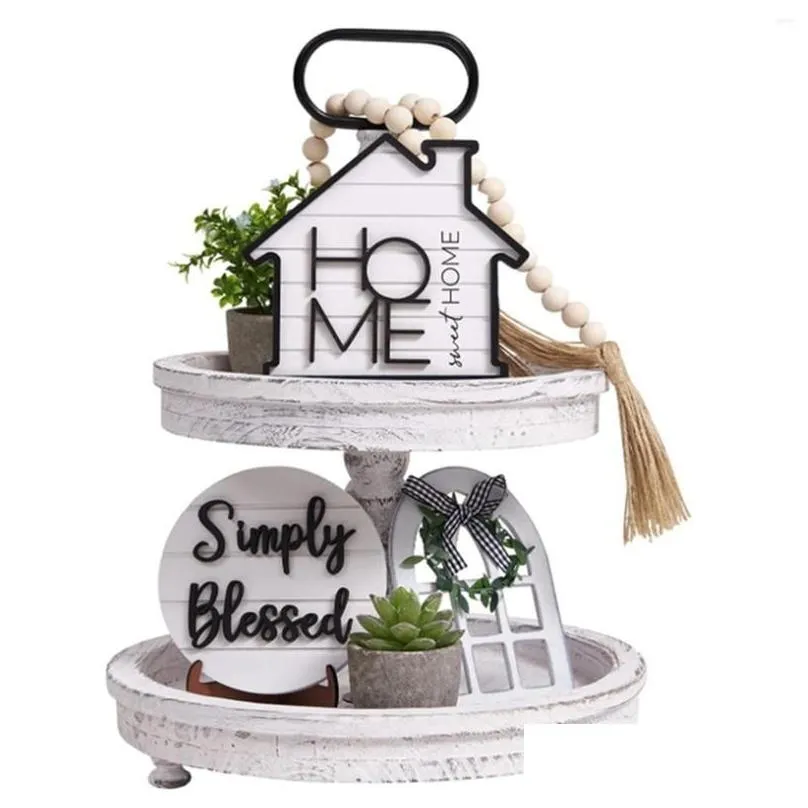 Plates Farmhouse Tiered Tray Decor Home Wood Sign Rustic Sweet Simply Blessed This Is Us Wooden Beads