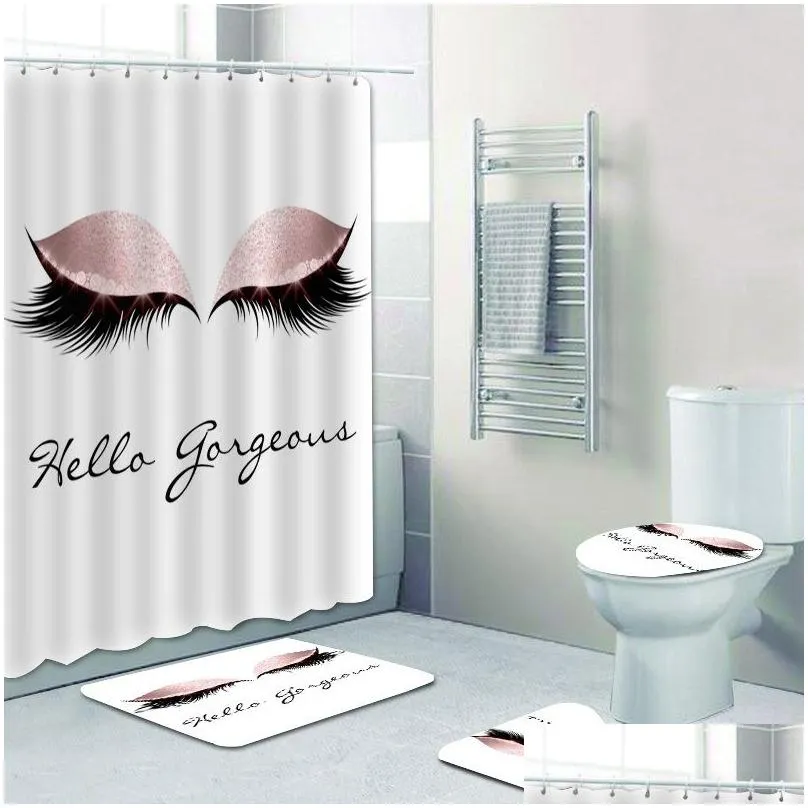 Girly Rose Gold Eyelash Makeup Shower Curtain Bath Curtain Set Spark Rose Drip Bathroom Curtain Eye Lash Beauty Salon Home Decor