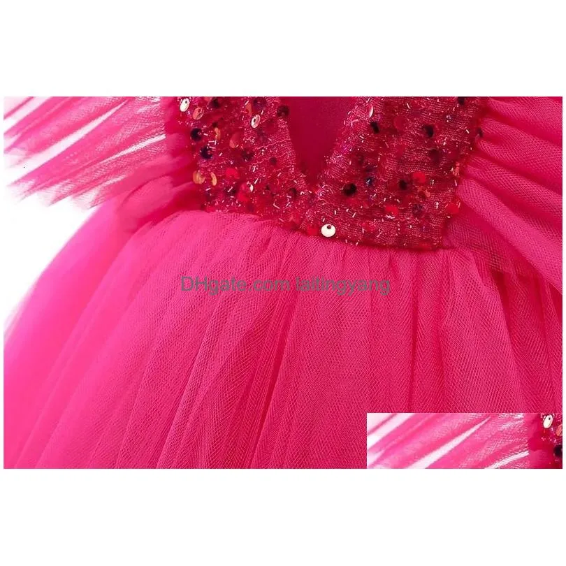 girls dresses girls rose red party princess dress kids sequined shiny bithday ceremony clothes children tulle ball gown for wedding size 3-8t