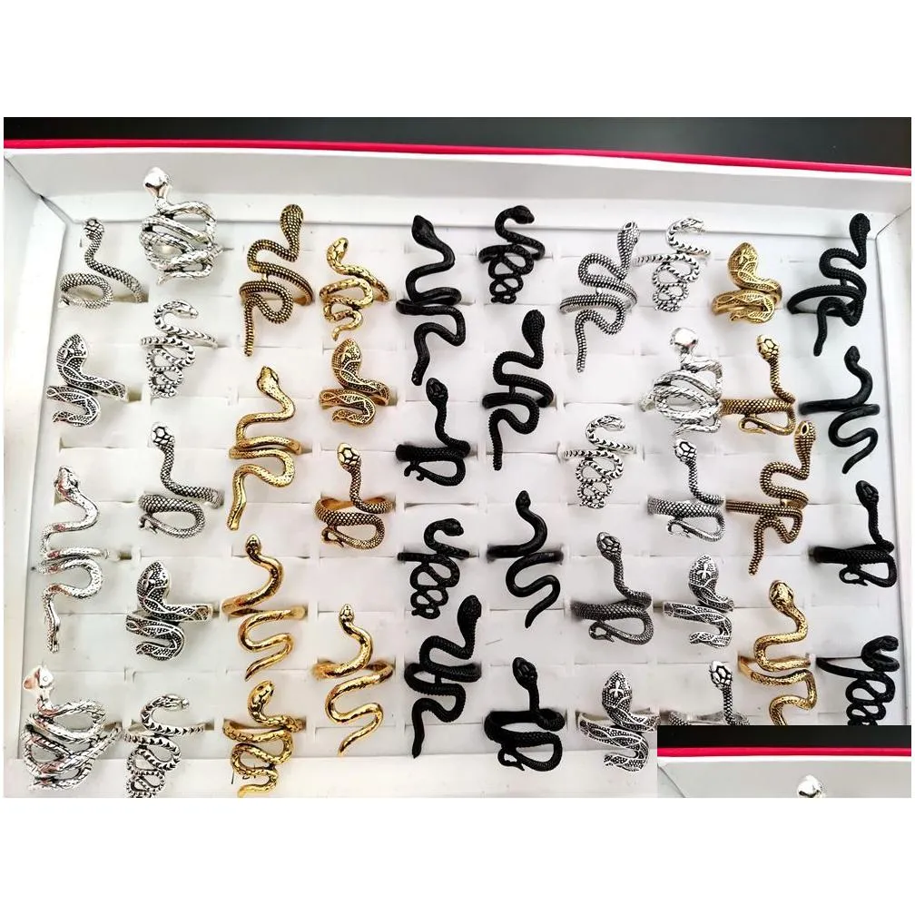 100pcs/lot exaggerated antique punk style animal snake ring gold silver black mix hip hop rock fashion ring party jewelry unisex