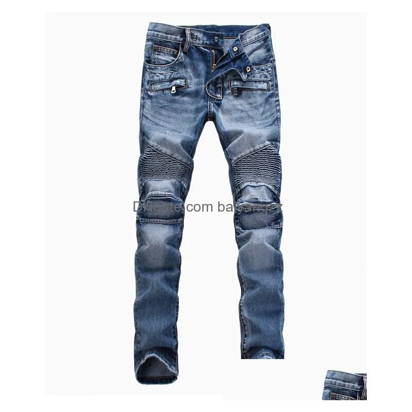 fashion mens foreign trade light blue black jeans pants motorcycle biker men washing to do the old fold men trousers casual runway