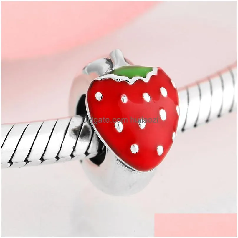  925 sterling silver big red strawberry enamel fine spacer stopper beads fit original european charm bracelet jewelry making q0531