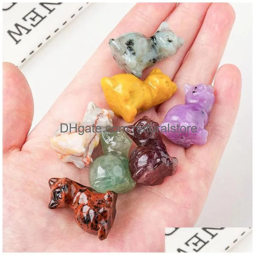 Stone Cute Cat Statue Natural Stone Crystal Hand Carved Healing Animal Figurine Reiki Gemstone Craft Home Decoration Holiday Gift Drop Dhehf