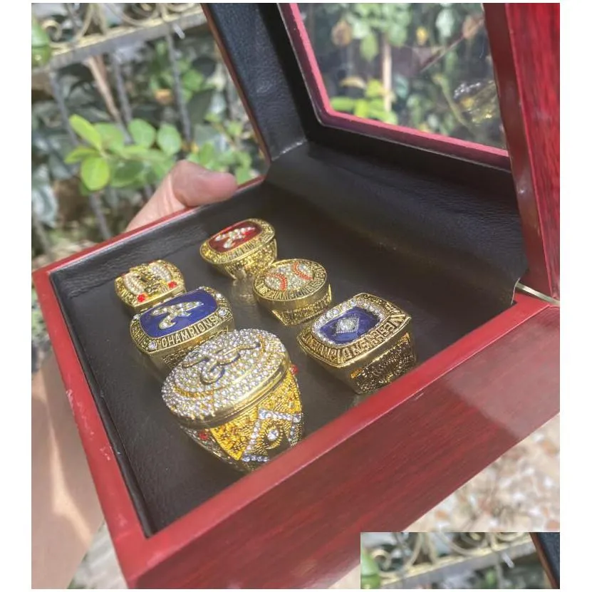 Cluster Rings 6Pcs World Series Baseball Team Champions Championship Ring With Wooden Display Box Souvenir Men Fan Gift 2021 2023 Whol Dhqbp