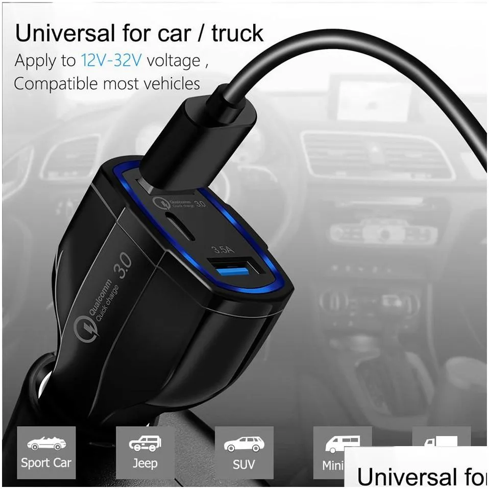 3 in 1 type c dual usb car  5a pd quick charge qc 3.0 fast  phone charging adapter for xiaomi iphone android phone with retail