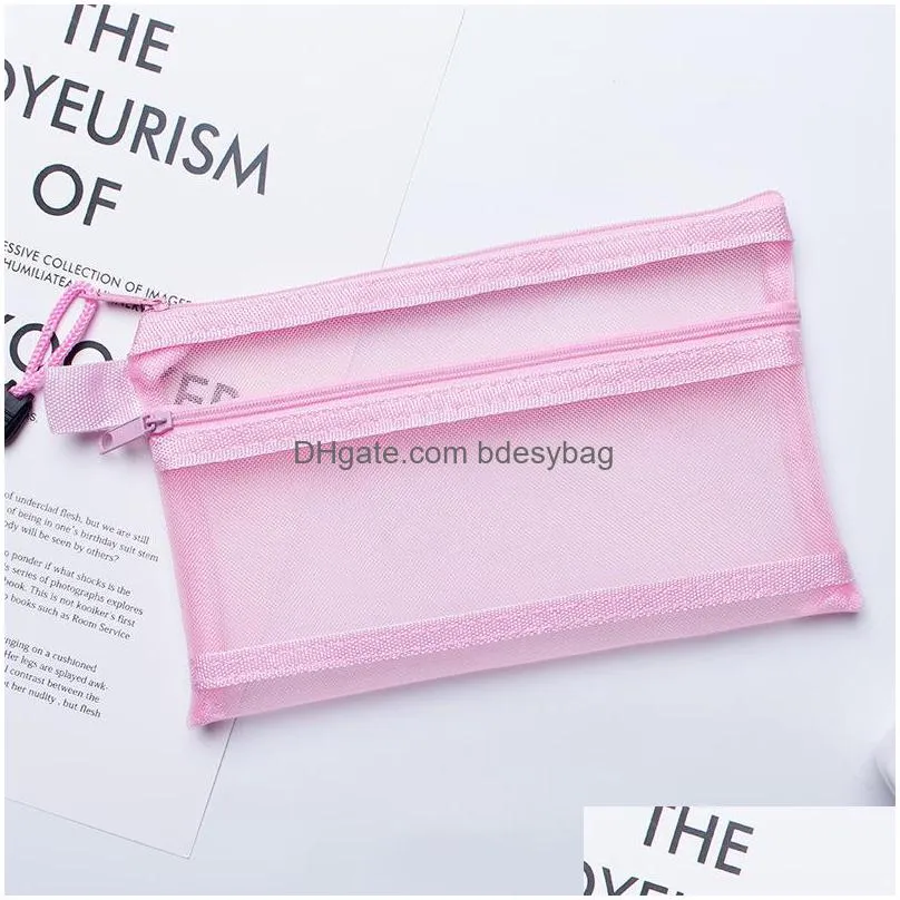 two layers a4 file bag pencil bags simple transparent mesh yarn zipper stationery bag student largecapacity pencil pouch lx3632