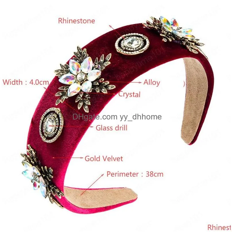 metal flower headband for woman luxury multi color crystal beaded velvet hairband girls party jewelry crowns