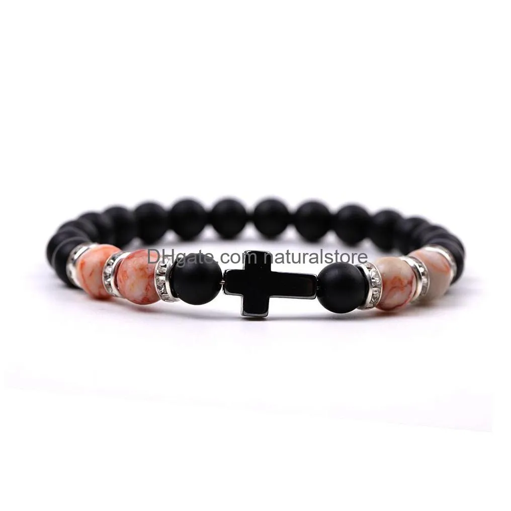 Bangle 8Mm Black Matted Beads Strand Rose Quartz Tigers Eye Cross Charms Bracelet Men Women Yoga Healing Nce Bangle Drop Delivery Jewe Dhuo8